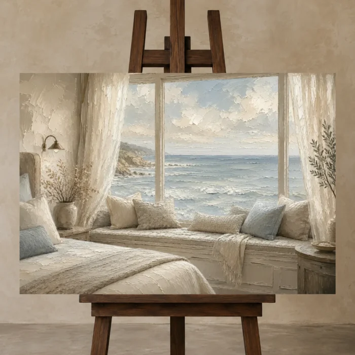 Ocean Window Seat Coastal Bedroom Wall Art Canvas Print displayed on a studio easel
