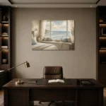Ocean Window Seat Coastal Bedroom Wall Art Canvas Print displayed in a contemporary gallery-inspired room