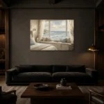 Ocean Window Seat Coastal Bedroom Wall Art Canvas Print shown in a warm modern interior