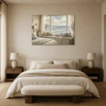 Ocean Window Seat Coastal Bedroom Wall Art Canvas Print showcased in an elegant minimalist interior