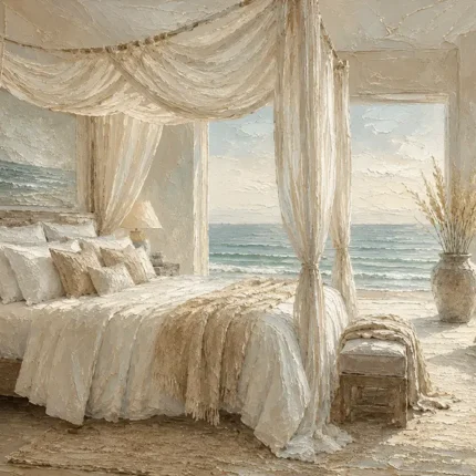 Canopy Bed Ocean View Coastal Bedroom Wall Art Canvas Print