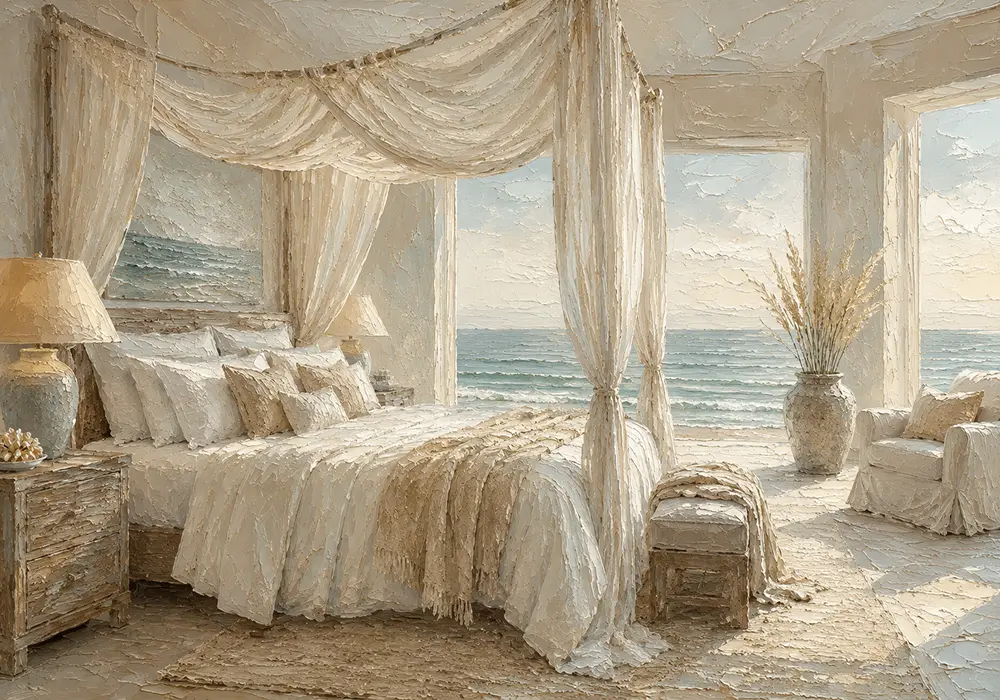 Canopy Bed Ocean View Coastal Bedroom Wall Art Canvas Print