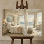 Canopy Bed Ocean View Coastal Bedroom Wall Art Canvas Print displayed on a studio easel