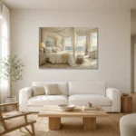 Canopy Bed Ocean View Coastal Bedroom Wall Art Canvas Print styled in a refined neutral interior