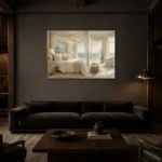 Canopy Bed Ocean View Coastal Bedroom Wall Art Canvas Print shown in a warm modern interior
