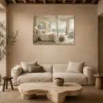 Canopy Bed Ocean View Coastal Bedroom Wall Art Canvas Print presented in a sophisticated home setting