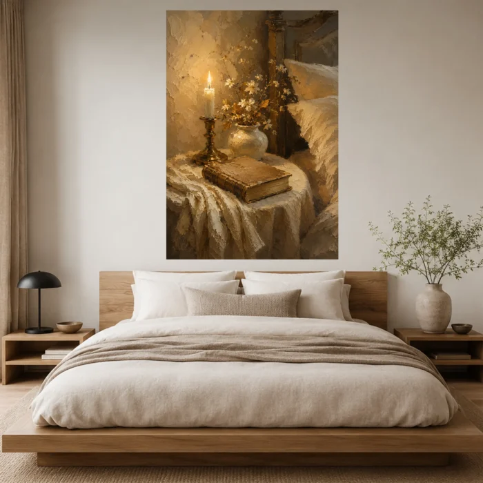 Candlelit Nightstand Bedroom Wall Art Canvas Print styled in a refined interior