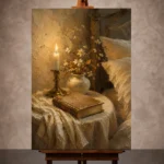 A warm candlelit bedroom artwork with an antique book, ivory bedding, delicate flowers, and rich impasto texture for serene interior styling.