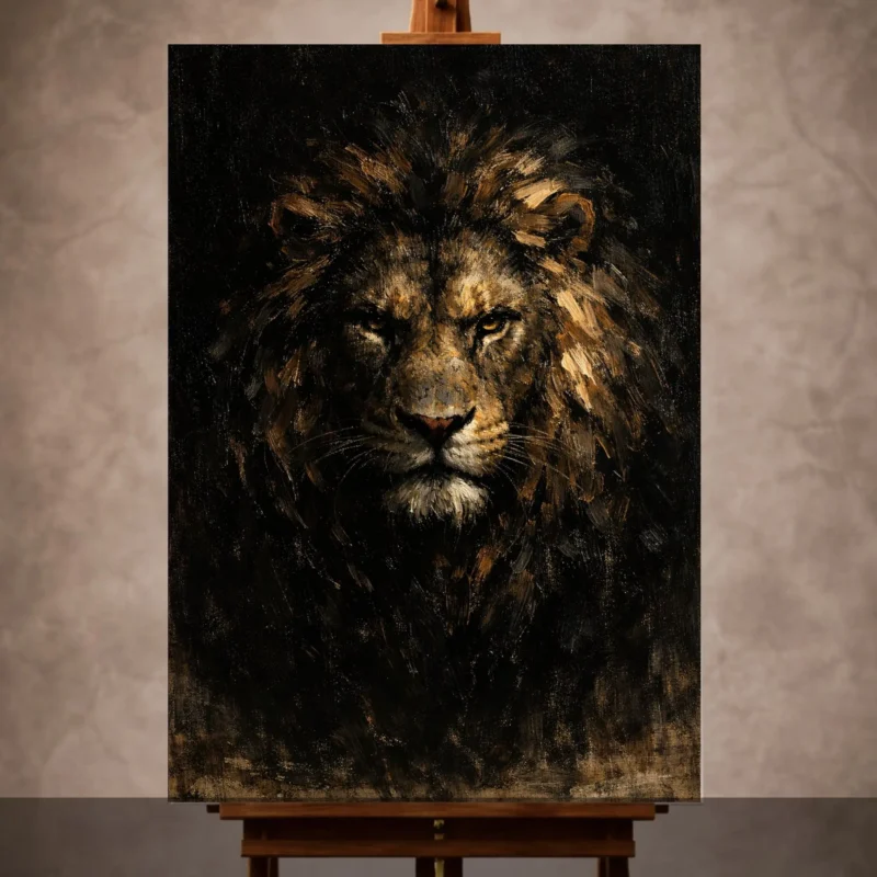 Tenebrism Lion Wall Art canvas print featuring cinematic lion portrait for dark academia interiors