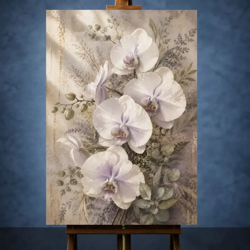 White Orchid Living Room Wall Art canvas print featuring elegant botanical flowers for sophisticated interiors
