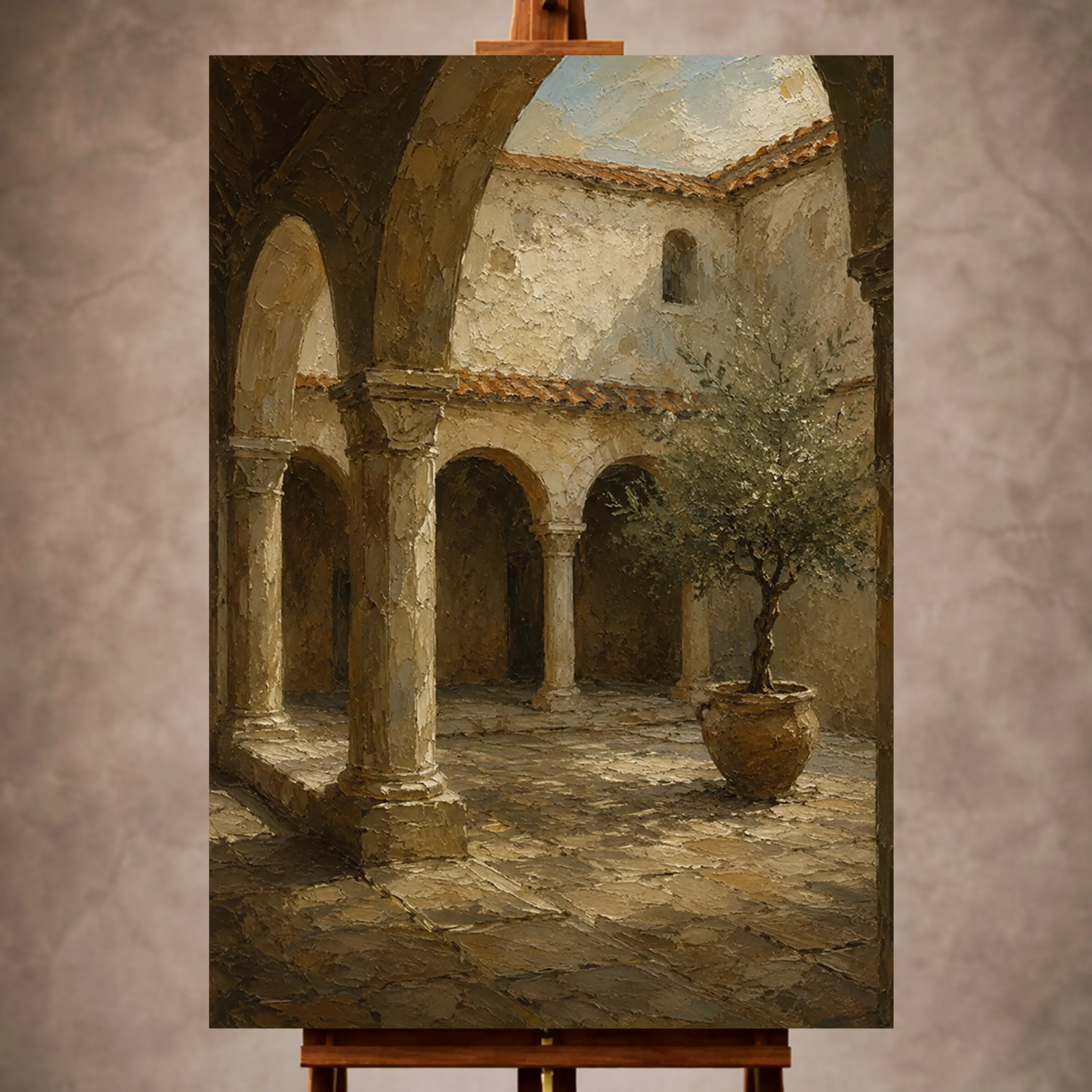 _Dikey Mocvkap001 Shadowed Cloister Mediterranean Architecture Wall Art Canvas Print - Image 1