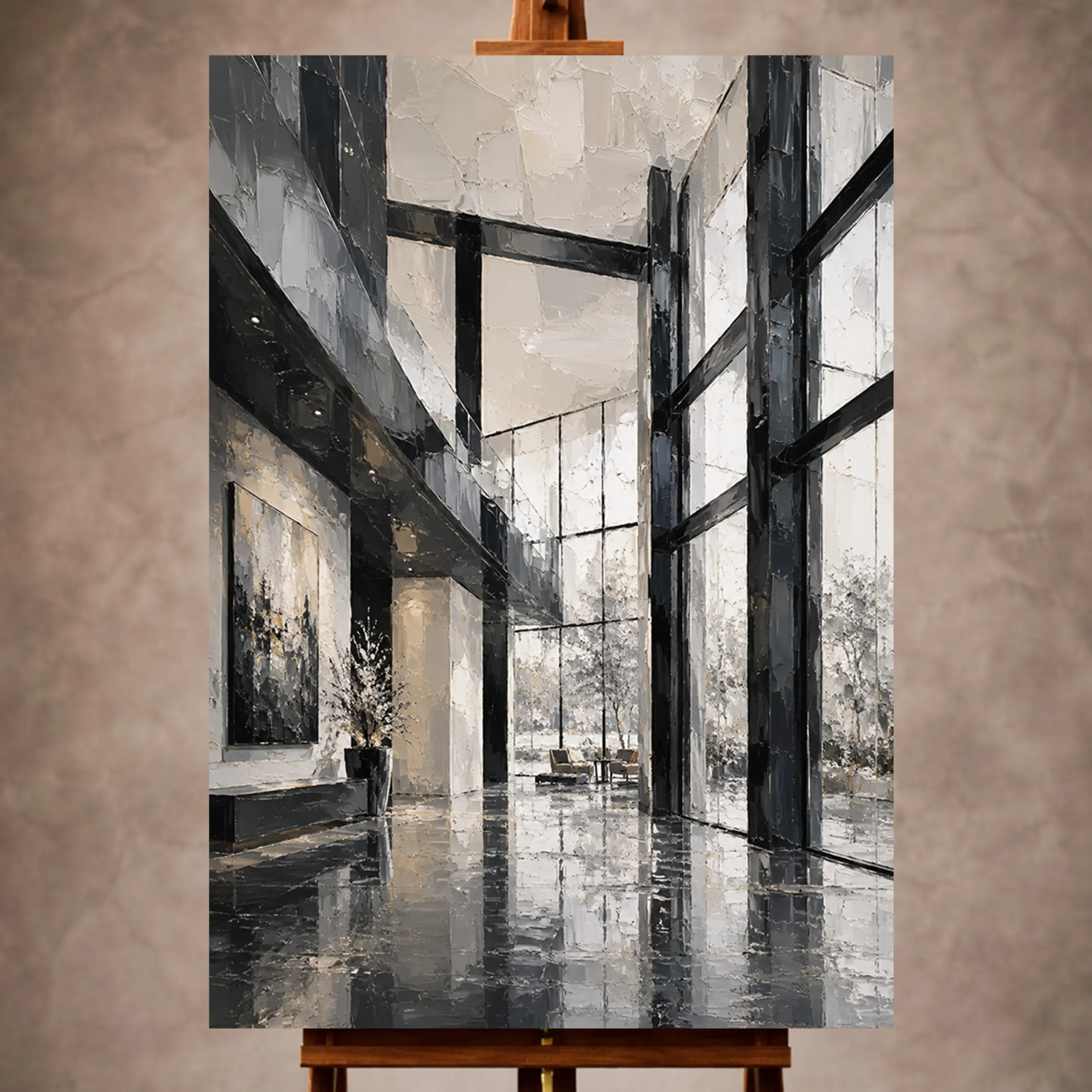 _Dikey Mocvkap001 Black Steel Atrium Modern Architecture Wall Art Canvas Print - Image 1