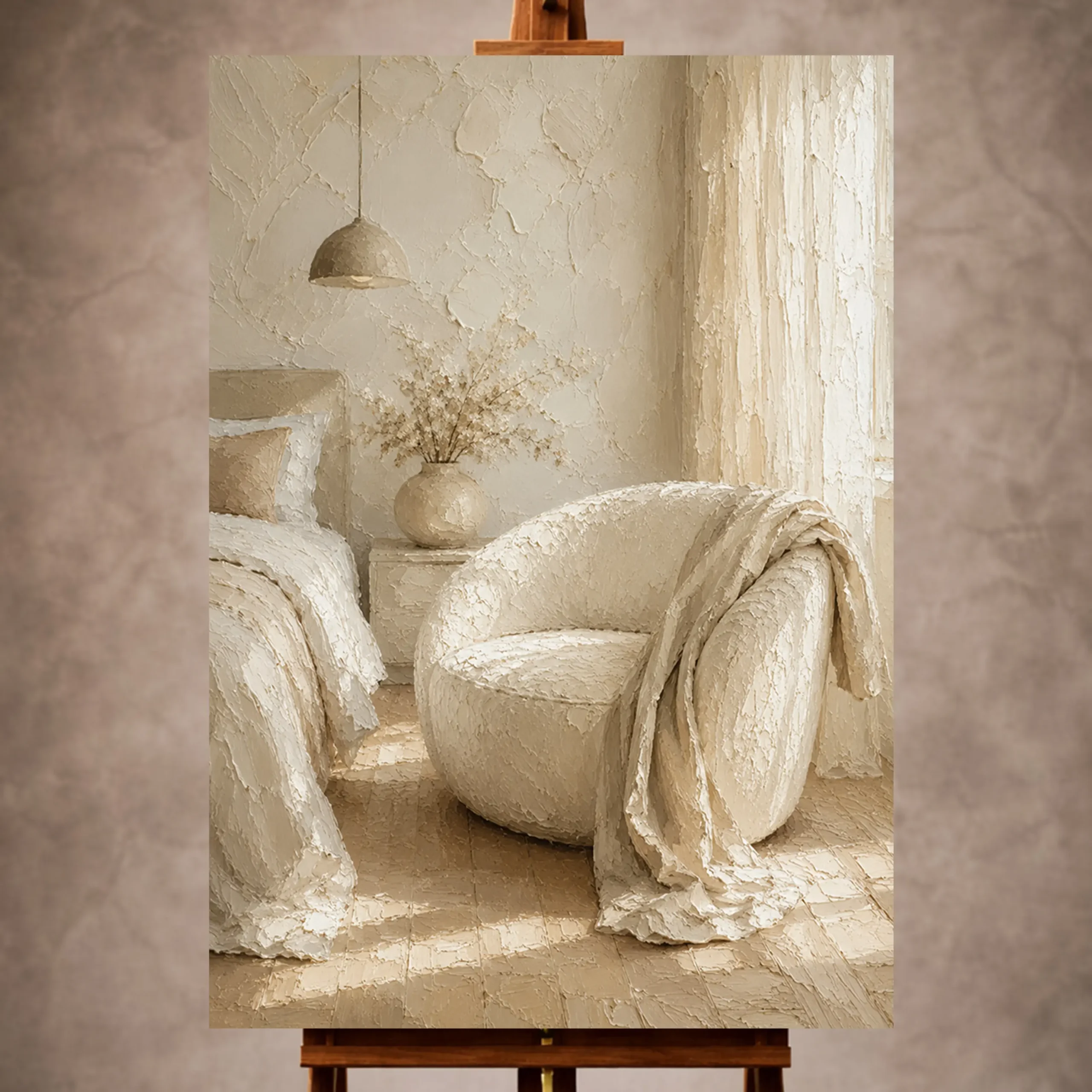 _Dikey Mocvkap001 Sunlit Boucle Chair Serene Neutral Bedroom Wall Art Canvas Print - Image 1