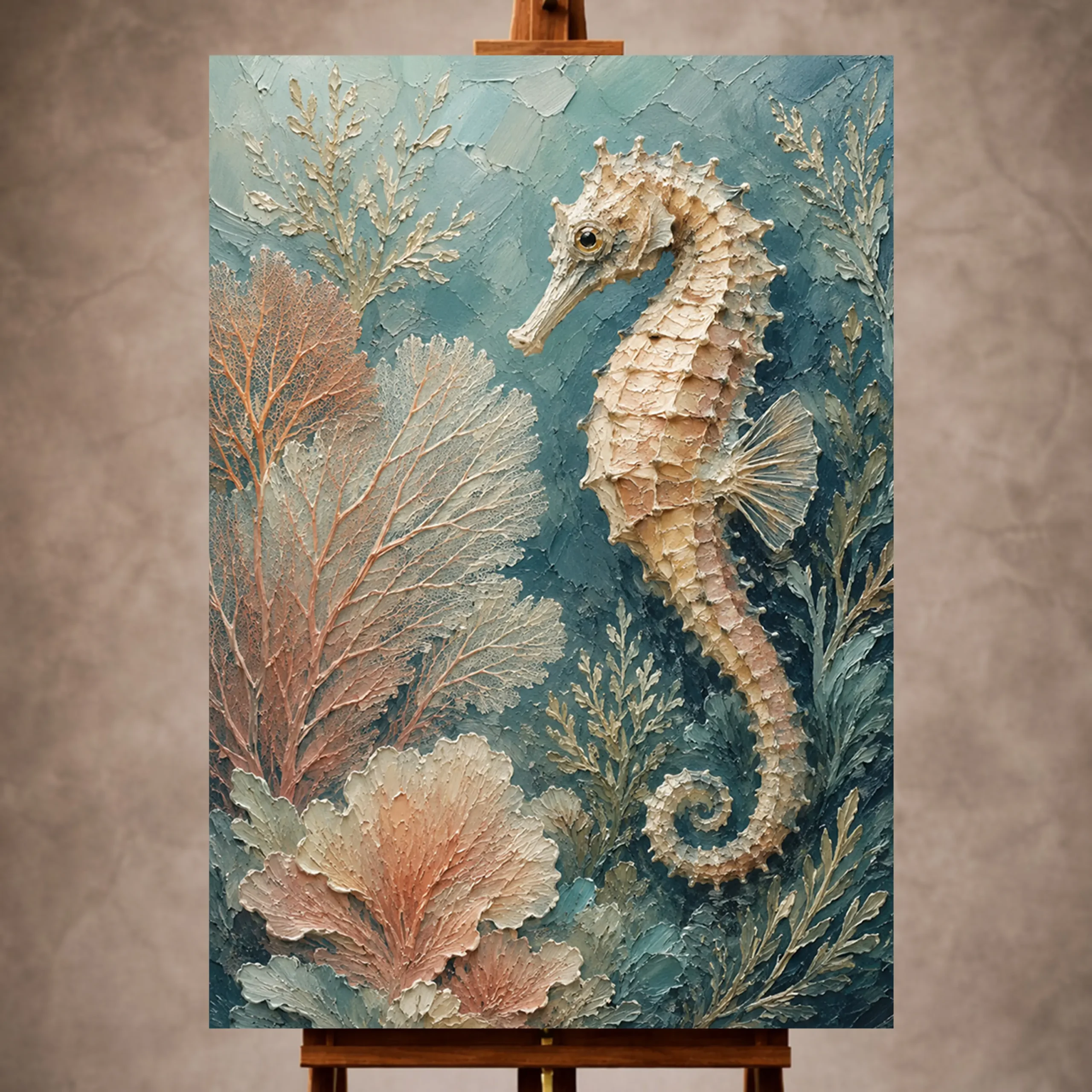 _Dikey Mocvkap001 Coastal Seahorse Sea Life Wall Art Canvas Print - Image 1
