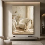 Sunlit Boucle Chair Serene Neutral Bedroom Wall Art Canvas Print - Image 4