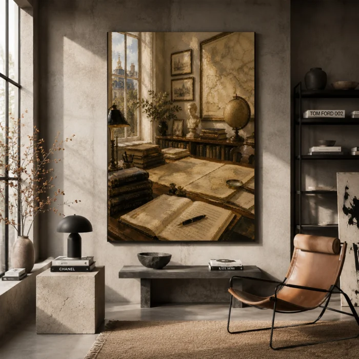 Antique Map Study Office Wall Art Canvas Print styled in a refined interior
