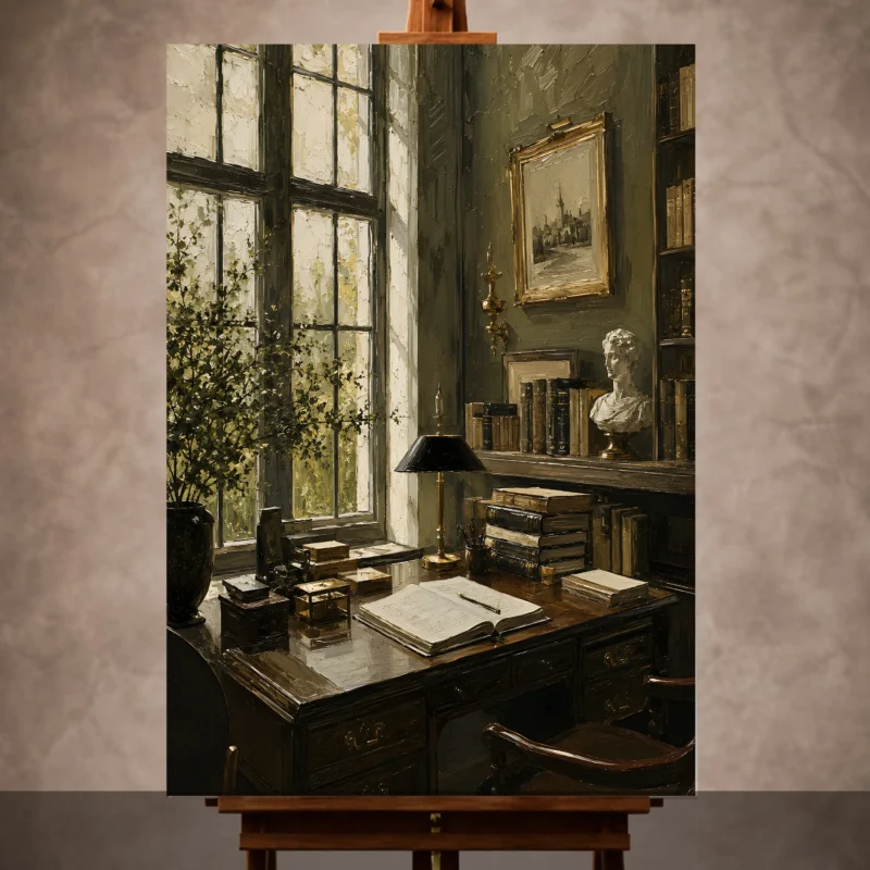 Scholar Study Office Wall Art canvas print featuring elegant library interior for executive workspace decor