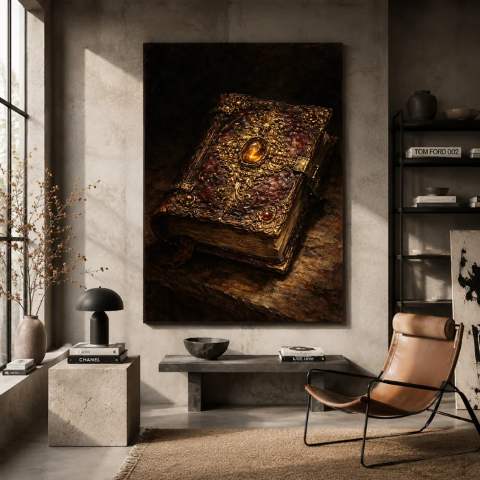 Ornate Antique Book Dark Academia Wall Art Canvas Print styled in a refined interior