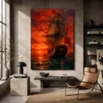 Crimson Tall Ship Sea Wall Art Canvas Print - Image 2