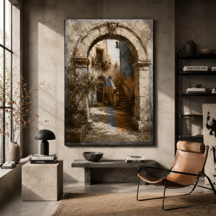 Ancient Stone Archway Architecture Wall Art Canvas Print styled in a refined interior