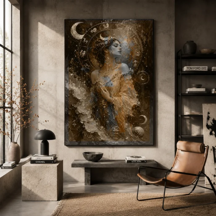 Celestial Muse Astrology Wall Art Canvas Print styled in a refined interior