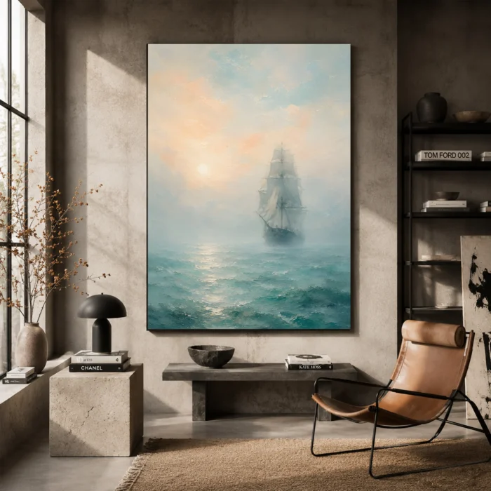 Misty Sailing Ship Sea Wall Art Canvas Print styled in a refined interior