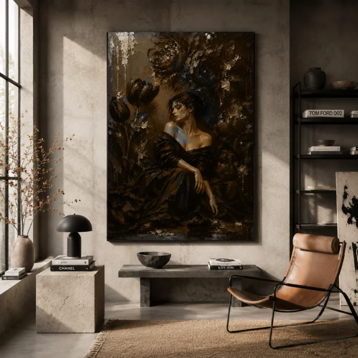 Midnight Bloom Muse Black & Gold Wall Art Canvas Print styled in a refined interior