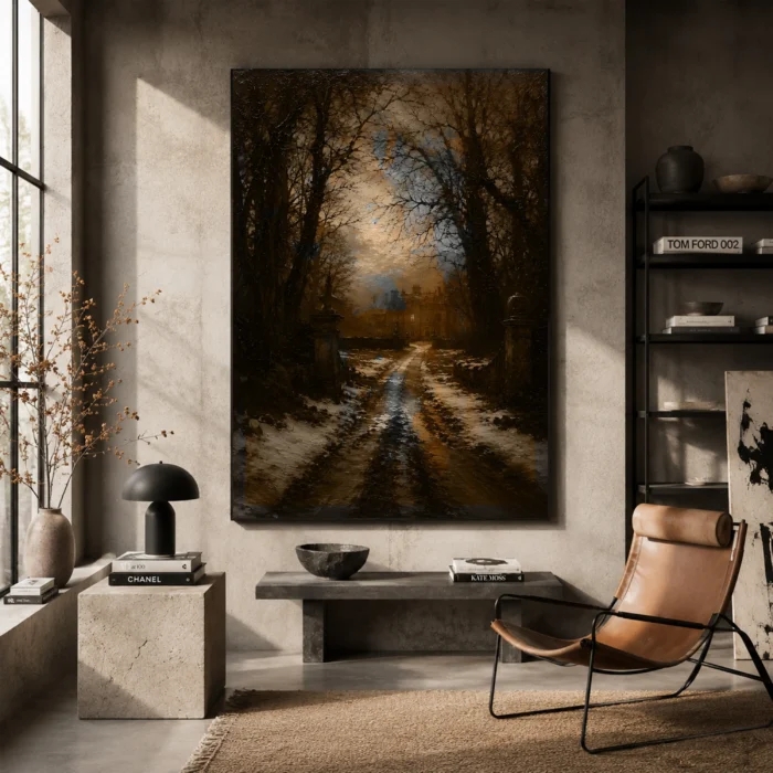 Moonlit Manor Path Cinematic Cityscapes Canvas Print styled in a refined interior