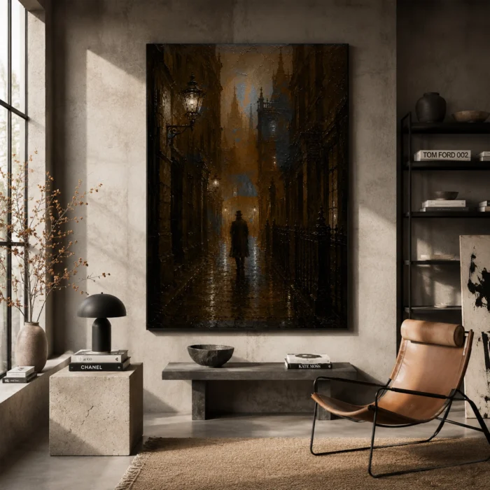 Foggy Victorian Alley Cinematic Cityscapes Canvas Print styled in a refined interior