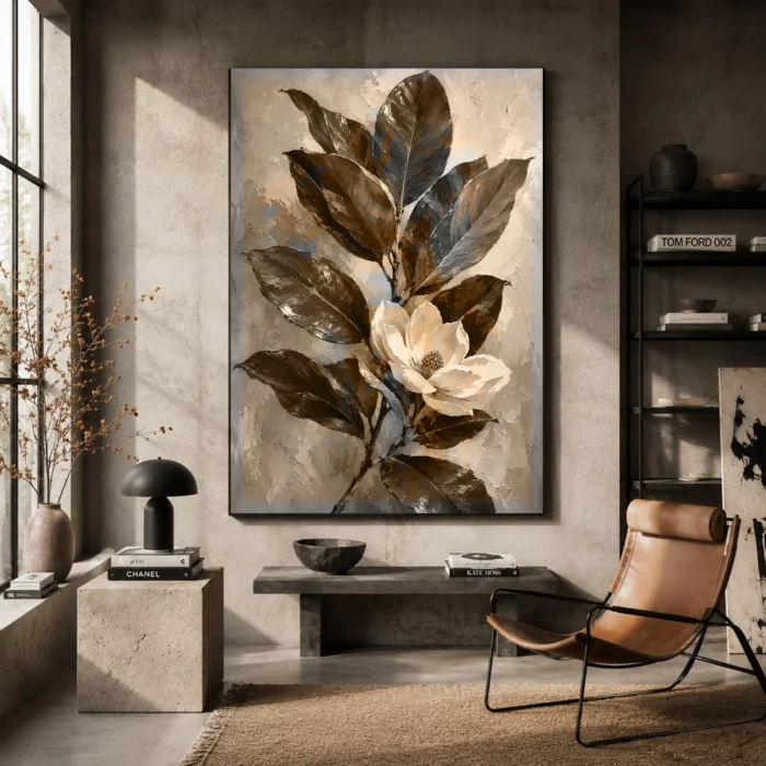 Magnolia Flower Botanical Wall Art Canvas Print styled in a refined interior