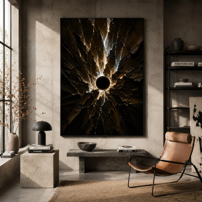 Golden Eclipse Abstract Wall Art Canvas Print styled in a refined interior