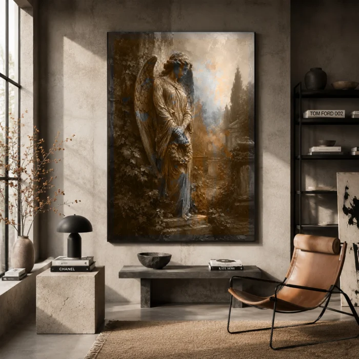 Weeping Angel Gothic Wall Art Canvas Print styled in a refined interior