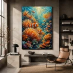 Clownfish Coral Reef Underwater Wall Art Canvas Print styled in a refined interior