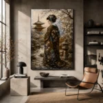 Red Kimono Sakura Garden Japanese Geisha Art Canvas Print styled in a refined interior