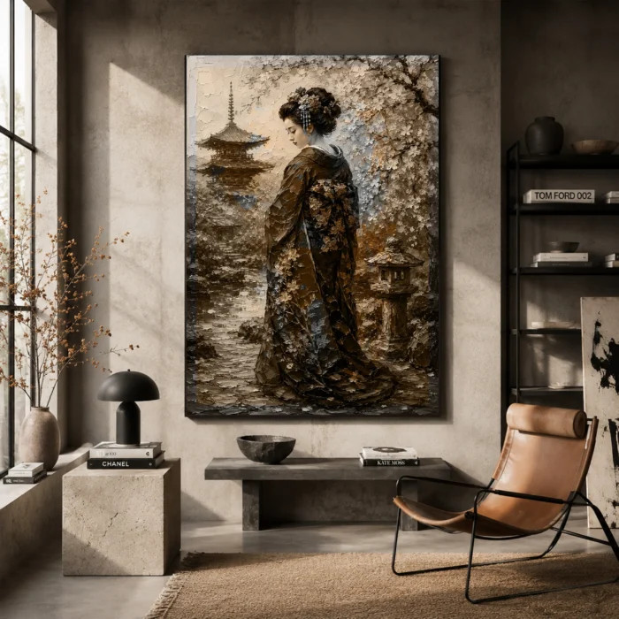 Red Kimono Sakura Garden Japanese Geisha Art Canvas Print styled in a refined interior