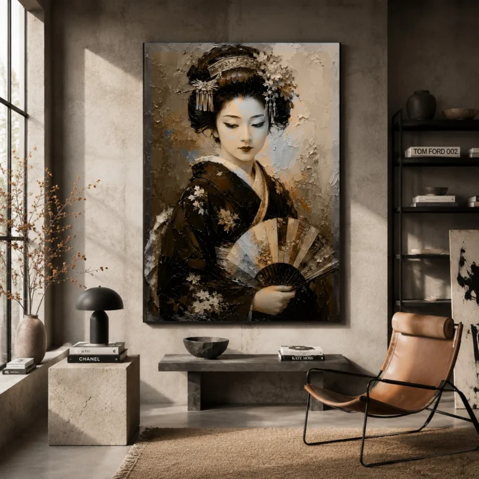 Black Kimono Fan Japanese Geisha Art Canvas Print styled in a refined interior