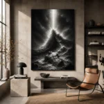 Stormlit Sea Rock Monochrome Wall Art Canvas Print styled in a refined interior