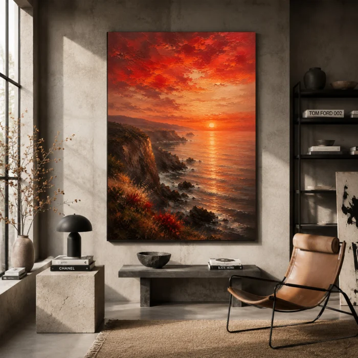 Coastal Sunset Dining Room Wall Art Canvas Print styled in a refined interior