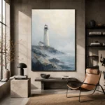 Coastal Lighthouse Dining Room Wall Art Canvas Print styled in a refined interior