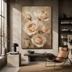Ivory Rose Bouquet Flower Wall Art Canvas Print styled in a refined interior