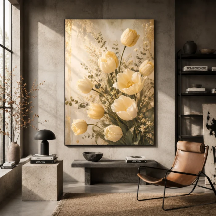 Ivory Tulip Bouquet Flower Wall Art Canvas Print styled in a refined interior