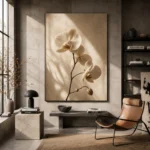 Minimal White Orchid Flower Wall Art Canvas Print styled in a refined interior