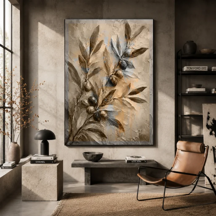 Olive Branch Botanical Wall Art Canvas Print styled in a refined interior