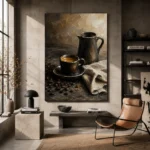 Espresso Still Life Kitchen Wall Art Canvas Print styled in a refined interior