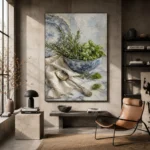 Porcelain Herb Still Life Kitchen Wall Art Canvas Print styled in a refined interior