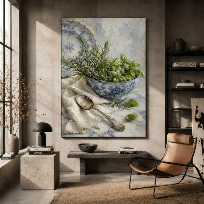 Porcelain Herb Still Life Kitchen Wall Art Canvas Print styled in a refined interior