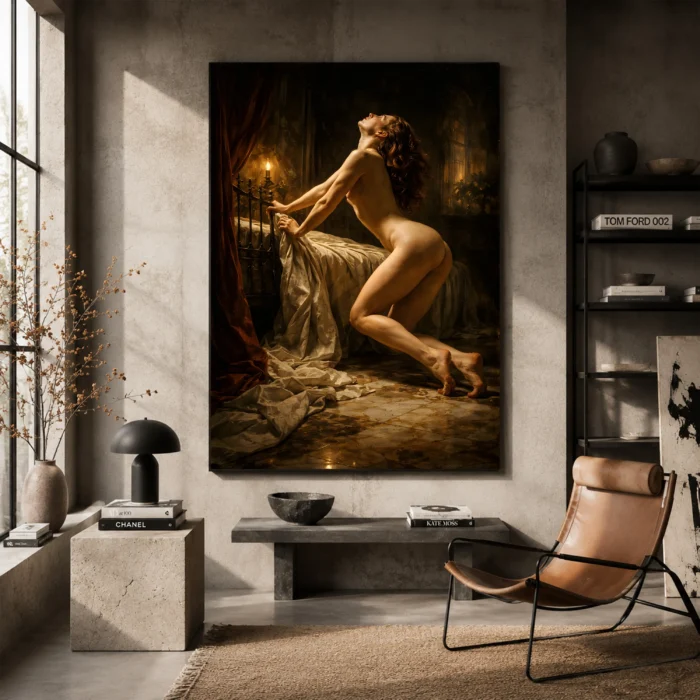 Candlelit Figure Classical Nude Wall Art Canvas Print styled in a refined interior