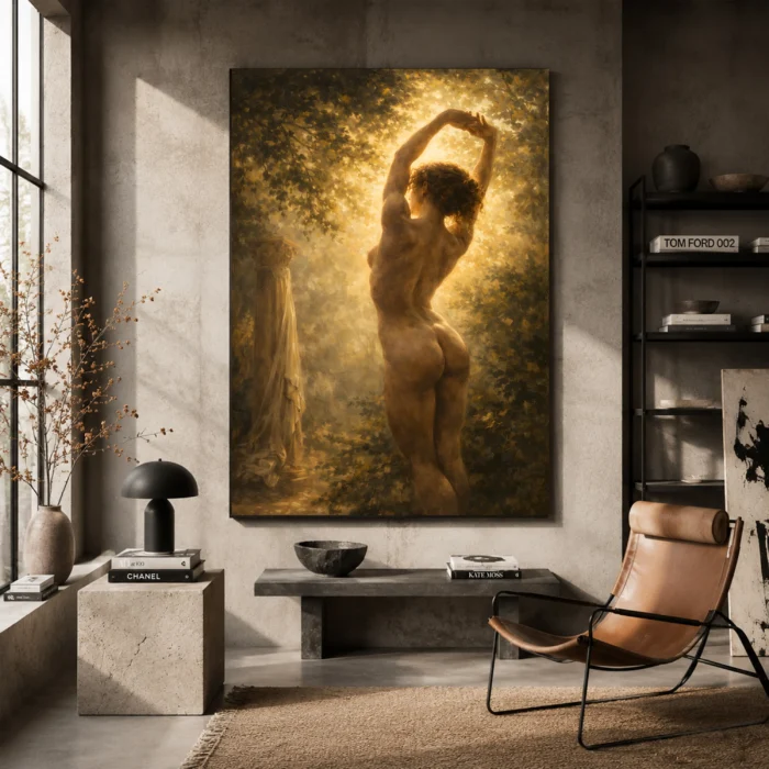 Sunlit Garden Figure Classical Nude Wall Art Canvas Print styled in a refined interior