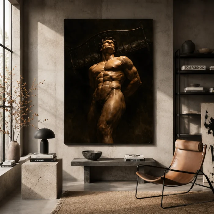 Chiaroscuro Male Figure Classical Nude Wall Art Canvas Print styled in a refined interior