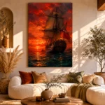 Crimson Tall Ship Sea Wall Art Canvas Print - Image 11